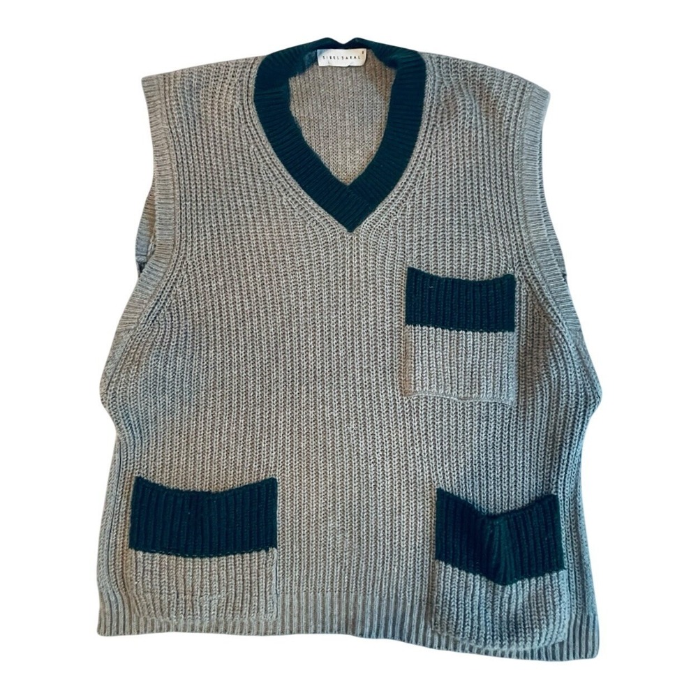 Sibel‎ Saral Cashmere Cotton Sweater Vest Womens Small Gray Green Shaker Knit